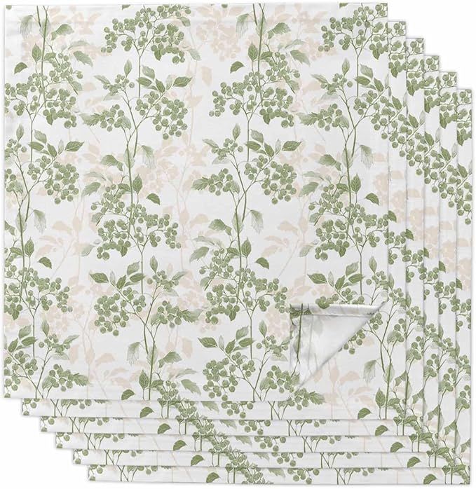 Sage Green Leaves Cloth Napkins Set of 6 - Washable Dinner Napkins Reusable Table Napkins for Home Party Weeding Dining Table Setting Decoration,Oversized 20"x20" Wildflower Herbs Floral Spring Summer