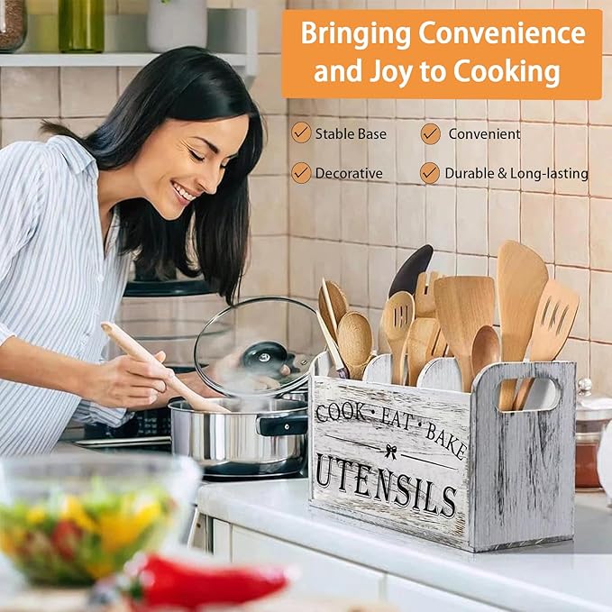 Utensil Holder,Wooden Utensil Holder for Kitchen Counter, Cooking Utensil Organizer with 3 Compartments,Utensil Crock for Silverware Spoon Spatula