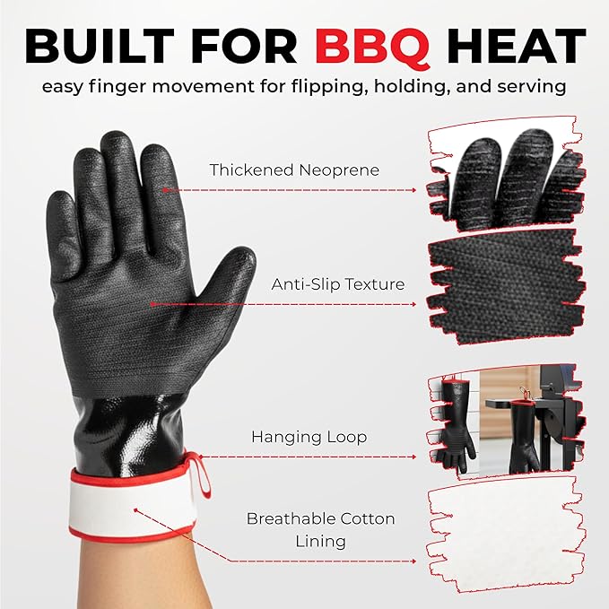 Jungle Eye 932°F Heat Resistant BBQ Grill Gloves: Neoprene Non-Slip Waterproof Heat & Oil Resistance for Grilling, Smoker, Cooking, Frying & Oven, 14" Long Sleeve Barbecue Gloves, Apron Included