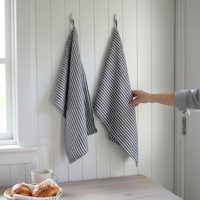 Eight Owls Stonewashed Linen Kitchen Dish Towels - 20 x 27 inch – 100% Pure Linen Tea Towel/Hand Towel - Set of 2 (Navy Stripe)