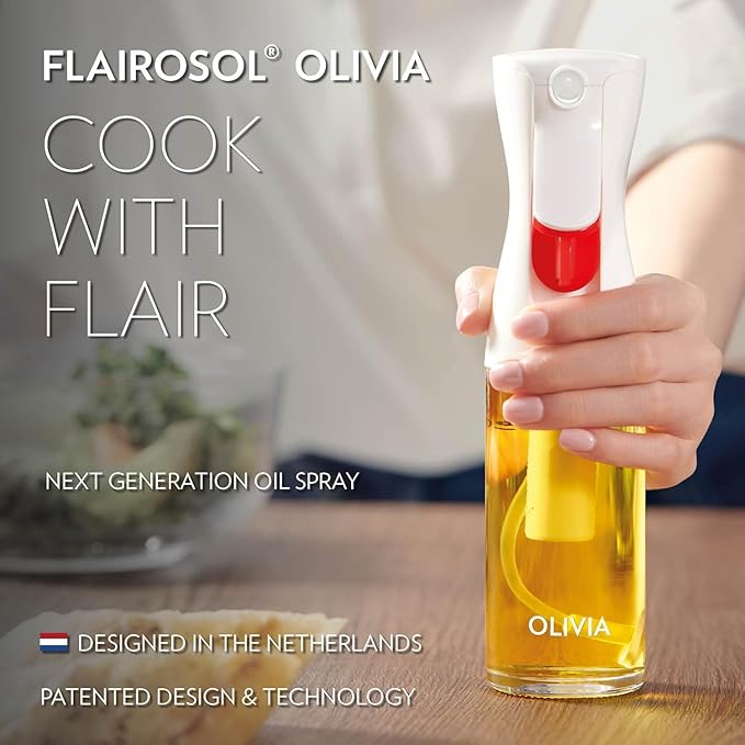 FLAIROSOL OLIVIA Signature The Original Advanced Oil Sprayer for Cooking, Kitchen, Salads, BBQs, Continuous Spray with Portion Control, 130ml Glass Olive Oil Sprayer(White Print)
