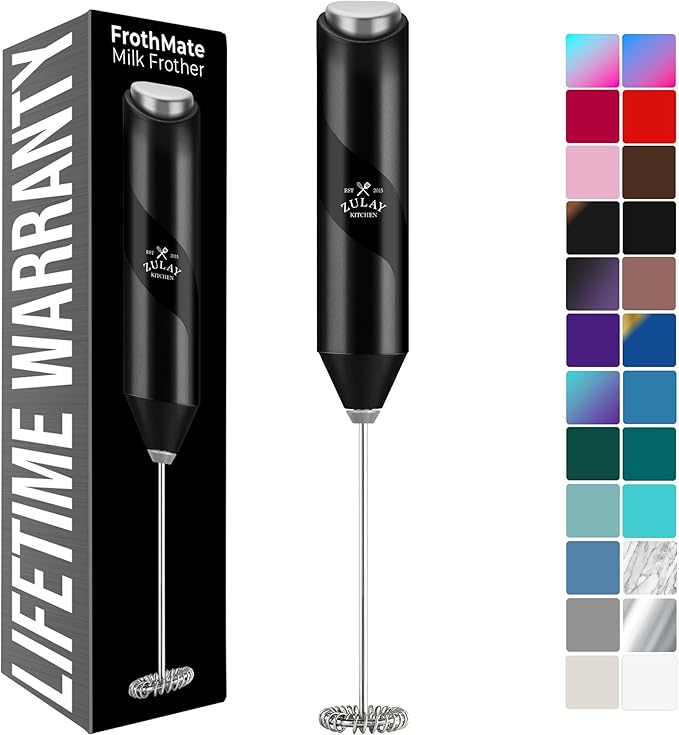 Zulay Kitchen Powerful Milk Frother Wand - Handheld Stainless Steel - Battery Operated Drink Mixer for Coffee, Lattes, Cappuccino, Matcha - Froth Mate Frother Gift - Midnight Black