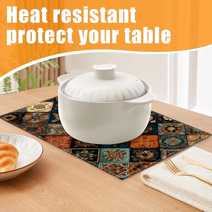 Colorful Bohemian Placemats Set of 6,12 x 18 Inch Table Mats Washable Heat Resistant Linen Fabric Rectangle Place Mat for Party Home Kitchen Dining