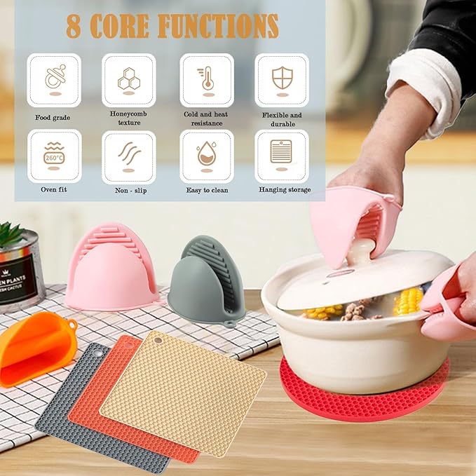 Silicone Trivet Pot Mat and Oven Mitts Sets | Heat Resistant Pot Holder and Mini Non-Slip & Flexible Oven Gloves for Kitchen Baking Cooking, Black