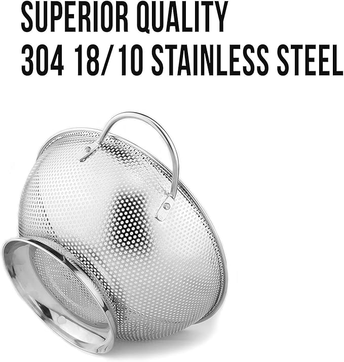 DLD Stainless Steel Micro-Perforated 5-Quart Colander - Professional Strainer with Heavy Duty Handles and Self-draining Solid Ring Base - Dishwasher Safe