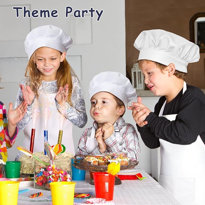 Kids Apron and Chef Hat Set, 24 Pieces Boys Girls Kids Apron with 2 Pockets Adjustable for Cooking Classroom Baking Painting, 6-13 Years, White