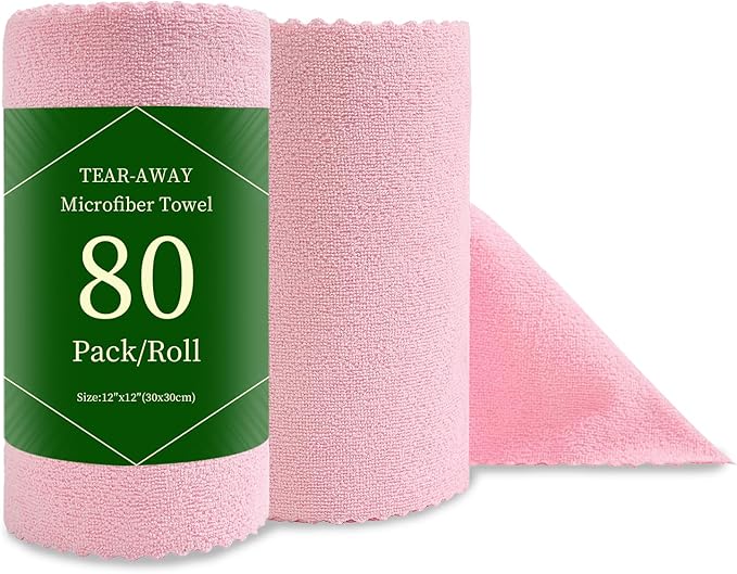 Jessy Home 80 Pack Reusable Paper Towels Pink Microfiber Cleaning Cloth Roll 12"x12" Microfiber Towels, Tear Away Cloth for Cars,Wash Cloths,Lint Free Rags for House,Kitchen,Window,Cleaning Supplies
