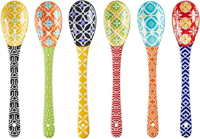Metahom Long Handle Spoons, 8.5" Ceramic Serving Spoon for Cereal, Soups, Stews, Ice Cream, Colorful Decorative Spoons, Dishwasher & Microwave Safe, Assorted Colors, Set of 6