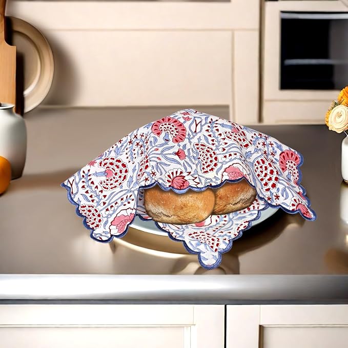 Ridhi Hand Block Print Pigeon Blue 18" x 18" (Set of 4) Embroidery Table Napkins Reusable Cotton Dinner Napkins for Weddings, Parties, Everyday Dining Gift for Spring, Easter, Valentine