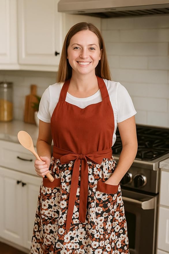 Cute Floral Aprons for Women with Pockets,Cotton Adjustable Neck Strap Apron for Kitchen Cooking Baking Gardening