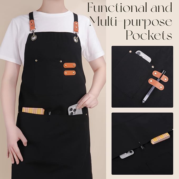 Chef Aprons for Men Women with Large Pockets, Cotton Canvas Water Repellent Kitchen Apron for Cooking