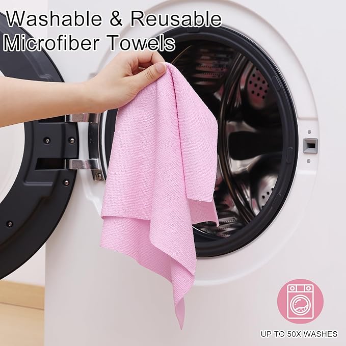 Homaxy Tear Away Dish Cloths Rolls, 75 Sheets-11.8" X 11.8", Reusable Washable Dish Towels for Kitchen, Ultra Absorbent and Quick Drying Microfiber Cleaning Rags, Pink