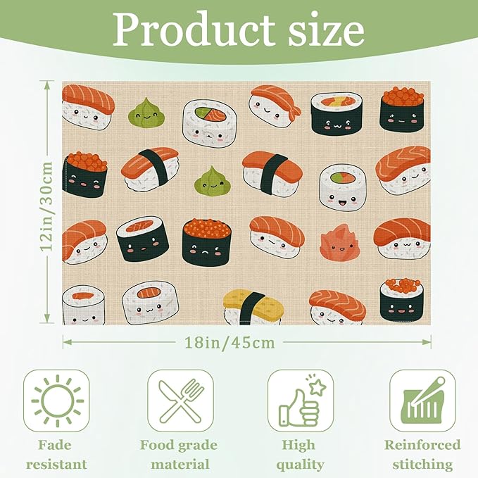 Cute Japanese Sushi Placemats Set of 6, Washable Heat Resistant Table Mat Linen Place Mats for Party Kitchen Dining Home Decor 12x18 Inch
