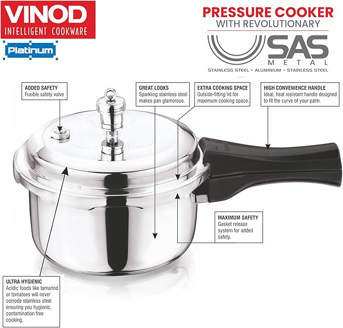 Vinod Platinum Triply Stainless Steel Pressure Cooker Outer Lid - 5 Litre | SAS Bottom Cooker | Induction and Gas Base Cooker | ISI and CE certified