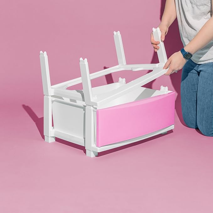 IRIS USA Plastic Drawer Storage Organizer, 4-Drawers, for Art Supplies Bathroom Dorm Bedroom Laundry Room, Wide, White Frame with Matte Pink Front Panels