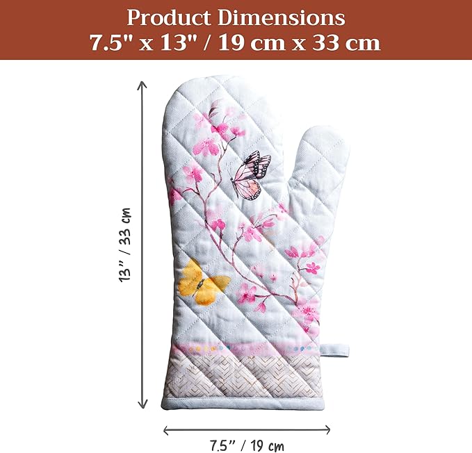 Maison d'Hermine Oven Gloves 100% Cotton Oven Mitt 7" x 13" with Loop Heat Resistant BBQ Cooking Gloves Baking Grilling Gifts for Mothers Day Spring/Summer (Pack of 1, Blossoms in Spring)
