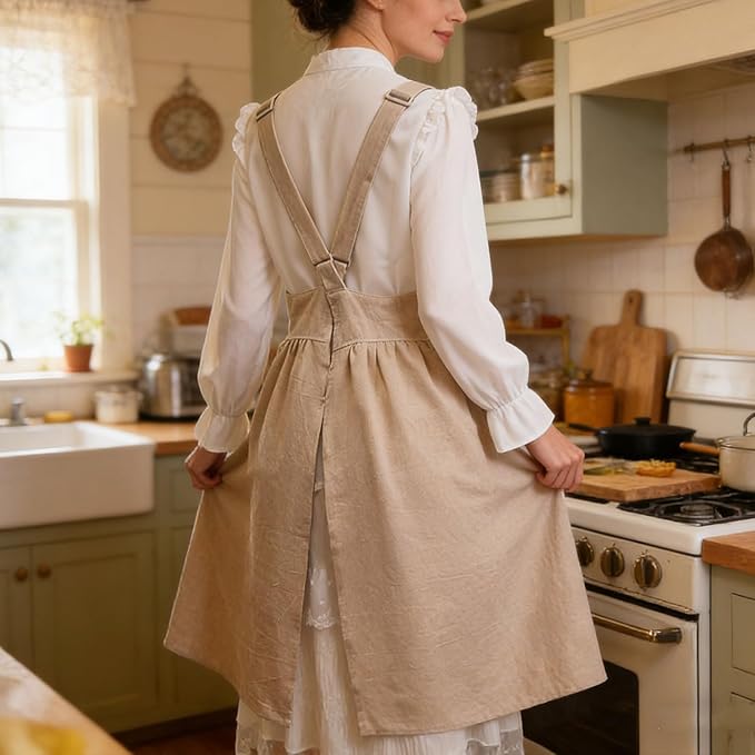 Uaussi Cotton Linen Apron Cross Back Work Apron for Women with Pockets Pinafore Dress X Cross Halter Apron for Chef Gardening