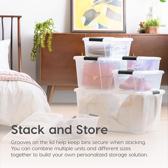 IRIS USA 32 Qt Stackable Plastic Storage Bins with Lids, 4 Pack - BPA-Free, Made in USA - See-Through Organizing Solution, Latches, Durable Nestable Containers, Secure Pull Handle - Clear