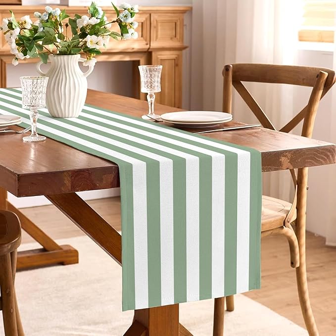 Sage Green and White Cabana Striped Table Runner Baby Shower Birthday Party Decoration Wedding Dining Room Home Kitchen Table Decor (Sage Green, 13" x 90")