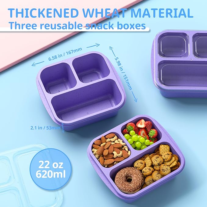 Snack Boxes (3 Pack) - Stackable Bento Boxes with 3 Compartments, Meal Prep Containers Reusable, Lightweight Lunch Containers for Kids and Adults, BPA Free (Purple)