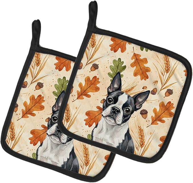 Caroline's Treasures Boston Terrier Heirloom Fall Pair of Pot Holders Pair 7.5x7.5 Quilted Insulated Hot Pads Decorative Kitchen Gift Made in USA