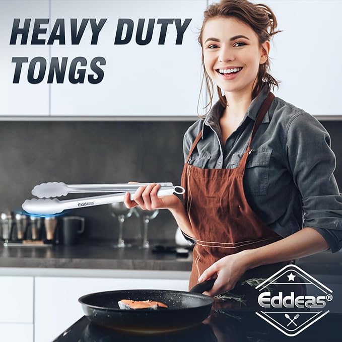 Eddeas 2PCS 9inch Tongs for Cooking - Heat Resistant 600 Degree Kitchen Tongs, Heavy Duty All Metal Food Tongs, Stainless Steel and Non-Slip handle, Salad, Grilling, Barbecue, Dishwasher safe