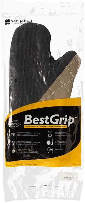Carlisle FoodService Products 810CM15 San Jamar Textured Neoprene Bestgrip Conventional Temperature Protection Oven Mitt with Magnet and WebGuard, 15" Length, Tan/Brown