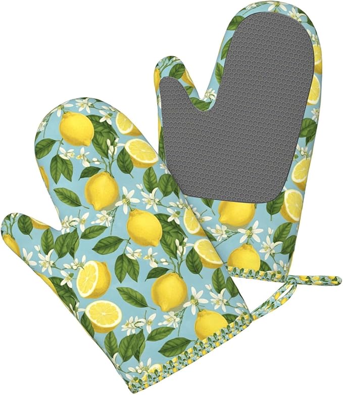 Lemon Silicone Oven Mitts Set of 2, Heat Resistant up to 500°F, Kitchen Oven Gloves with Non-Slip Grip and Soft Cotton Lining for Baking, Cooking and BBQ