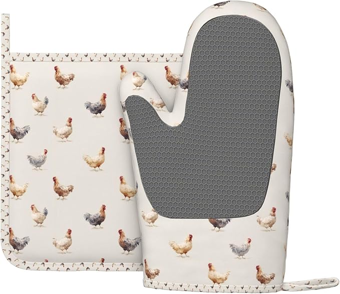 Oven Mitts and Pot Holders Chicken Pattern Silicone Kitchen Accessories Set of 2 Heat Resistant Long Gloves Potholder Non-Slip Grip for Chef Cooking,Baking,Grilling,BBQ