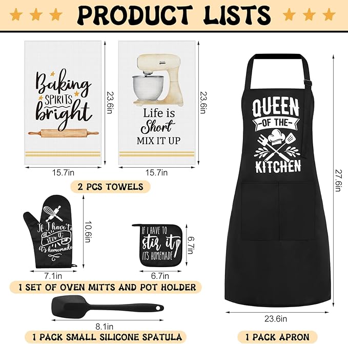 Hoolerry 6 Pcs Kitchen Apron Dish Towels Oven Mitts and Pot Holders Sets with Silicone Spatula for Baking Cooking Lover Engagement Women Men Housewarming Gifts (Black)