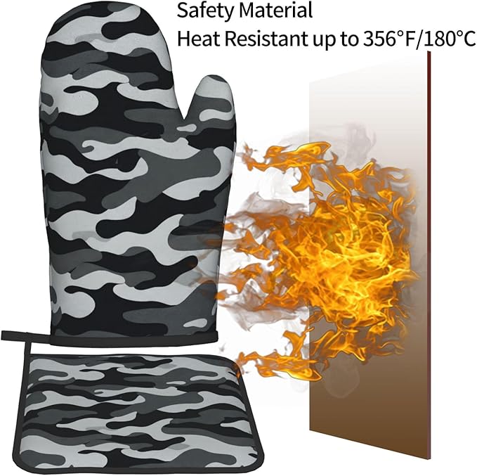 Black and Gray Gcamouflage Oven Mitts and Pot Holders Heat Resistant Oven Mitts Safe for Baking Cooking BBQ