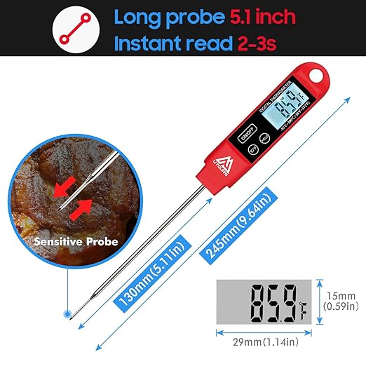 Digital Food Cooking Thermometer, 304 (18/10) Stainless Steel Thermometer Instant Read Meat Thermometer for BBQ Grill Smoker Milk and Water (Red)