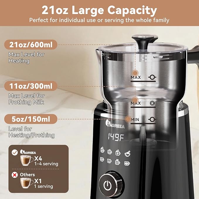 IAGREEA 8 in 1 Large Electric Milk Frother, 21oz/600ml Detachable Frother Steamer, Automatic Hot & Cold Foam Maker for Latte, Cappuccino, Hot Chocolate, Matcha, Dishwasher Safe, Stainless Steel Jug