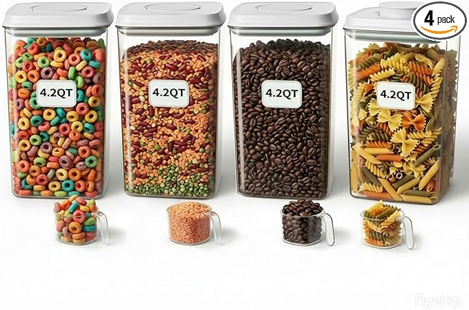 Melovom 4 Pcs Large Pop Airtight Food Storage Containers Set with Lids, 4.2Qt/4L Food Containers with Scoop, Kitchen Pantry Organization and Storage, BPA Free Stackable Cereal Container (4 * 4.2Qt)