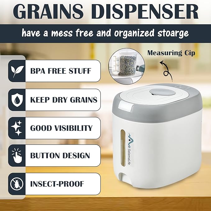 Airtight Food Storage Multi-Purpose Plastic Container with Lids -22 lbs Bucket, Rice dispenser & sugar container-dog food storage, Cereal & Grain Storage- White/Grey