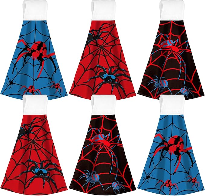 Tegeme 6 Pcs Hanging Kitchen Towels with Loop, Absorbent Hand Tie Towels Microfiber Decorative Fast Drying Kitchen Hanging Towel for Home Bathroom(Spider)