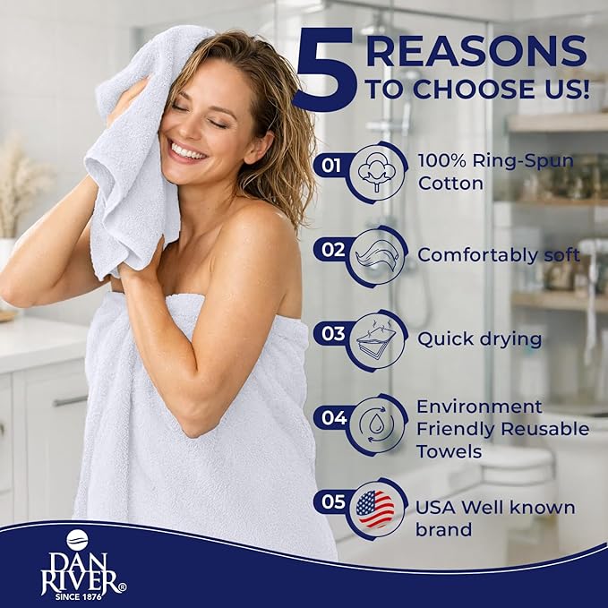 DAN RIVER 8 PC Luxury Bath Towels for Bathroom, 2 Bath, 2 Hand, and 4 Wash Cloths, 600 GSM 100% Ring Spun Cotton Towel Set, Highly Absorbent, Gym, Hotel, and Spa, White