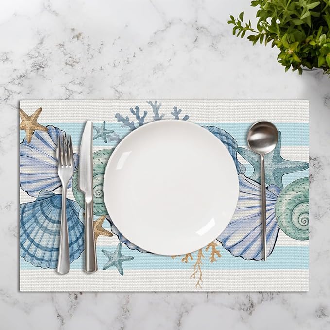 Sea Shell Starfish Beach Placemats Set of 4, 12x18 Inch Seasonal Spring Ocean Coastal Washable Linen Nautical Table Mats for Indoor Outdoor Party Kitchen Dining Decoration, wipeable placemats