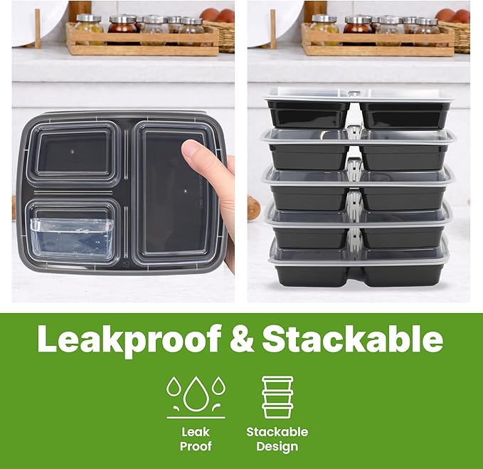 Meal Prep Containers with Lids, Reusable 3-Compartment Food Storage, Sturdy Leakproof & Food Safe, Microwave Freezer Dishwasher Safe, To-Go Takeout Plastic Containers, 50 Pack (100-Piece) – 60827