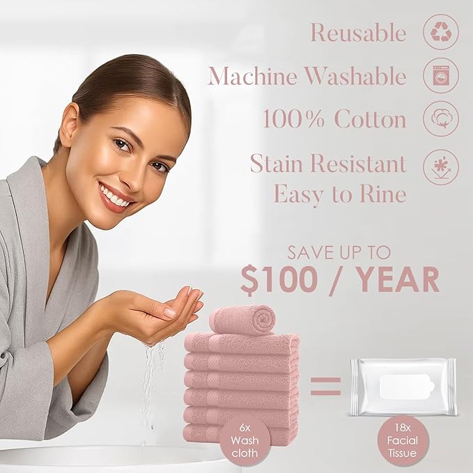 DAN RIVER 12-Pack Premium 100% Cotton Dusty Rose Face Towels for Bathroom - Reusable Face Wash Cloths for Showering 12x12 Inches - 550 GSM Super Soft & Absorbent Luxury WashCloths for Body, Spa & Gym