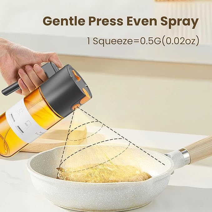 OURCABECUE Upgrade 2 in 1 Oil Sprayer for Cooking, 17oz Light-Blocking Glass Olive Oil Dispenser Bottle for Kitchen,Food-Grade Oil Mister with 8 Stickers for Salad, Frying(Amber Bottle-Black Gap)