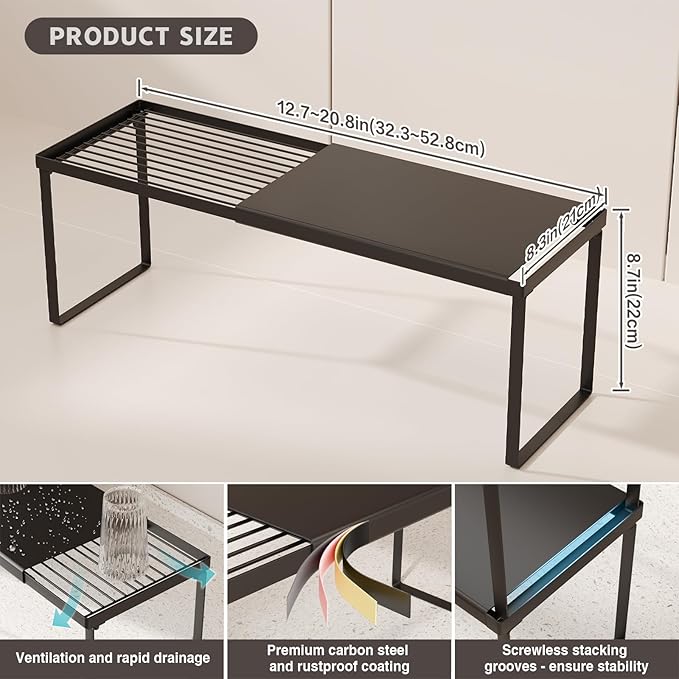 Magheo Expandable Cabinet Shelf Organizer, 1 Pack Stackable Kitchen Counter Shelf Riser, Metal Spice Rack Adjustable Heavy Duty Countertop Organizer Storage for Kitchen, Pantry, Cupboard, Rv (Black)