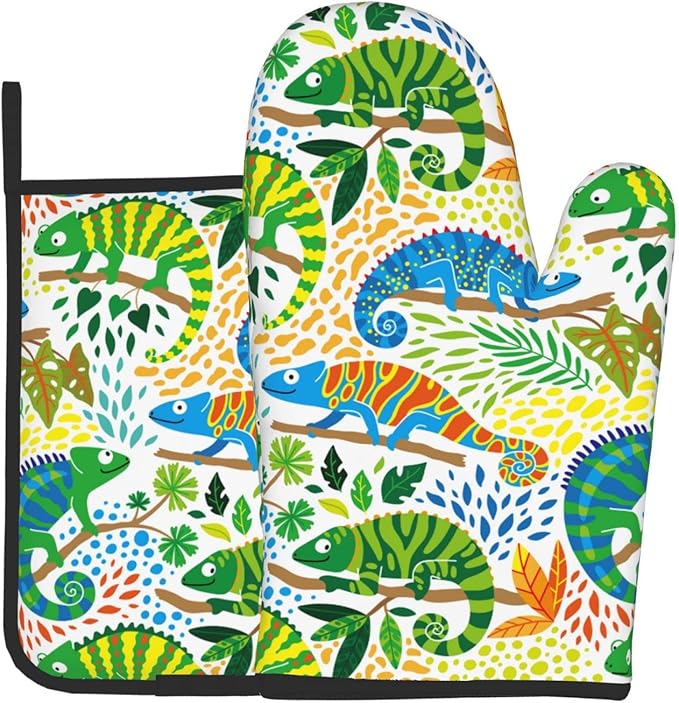 Cute Chameleon with Tropical Plants Oven Mitts and Pot Holders Heat Resistant Oven Mitts Safe for Baking Cooking BBQ