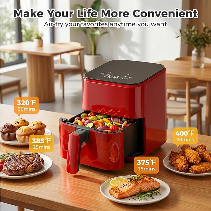 OLIXIS 3QT Air Fryer, Small Air Fryer with Digital PP Touch Panel, 400℉ Max Temp, Overheat Protection and Auto Shut-off, Nonstick and Dishwasher Safe Basket for Roast, Bake, Broil, Reheat, Red
