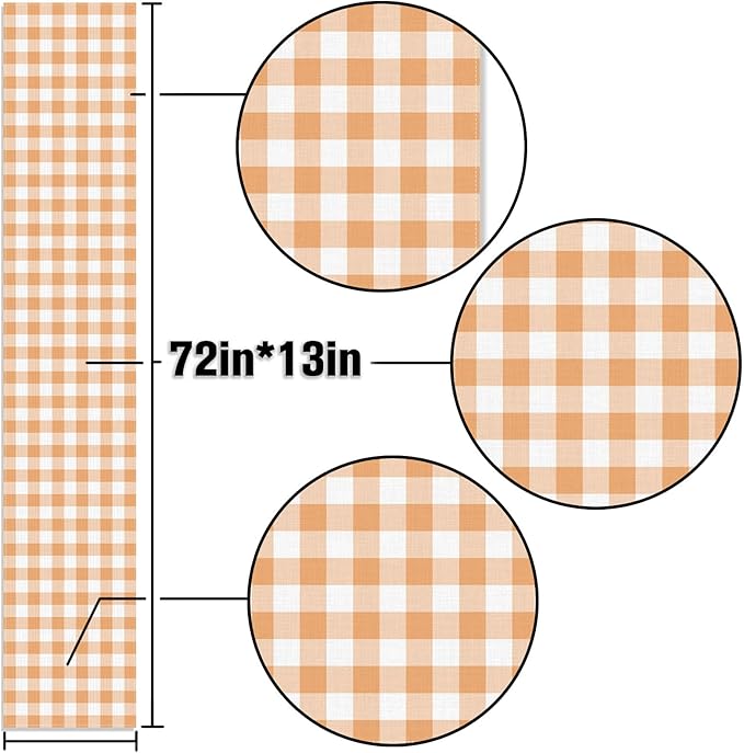Fall Orange and White Gingham Table Runner Autumn Thanksgiving Plaid Decoration BBQ Picnic Dining Room Home Kitchen Table Decor (Orange, 13" x 72")