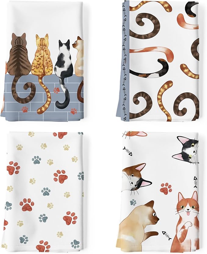 Cats Tea Towels, Cotton Kitchen Towel 18.9 × 27.5 inch, Quick Drying Dish Cloth for Cat Lovers Party Anniversary Holiday Decoration, Housewarming Gifts for Mom