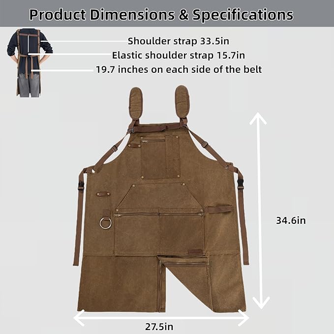 Woodworking Aprons for Men, Waxed Canvas 20oz Tool Apron (11 Pockets) – Adjustable Woodwork & Welding Apron, Shop & Tool Aprons for Carpenter, Blacksmith, Workshop, Garage