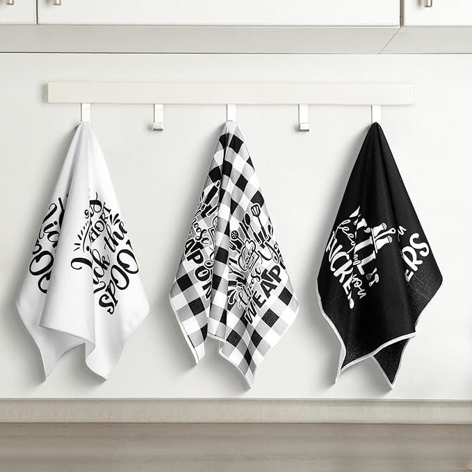 Bencailor 6 Pcs Black White Plaid Kitchen Towels Decorative Sets Dish Towels Absorbent Fast Drying Hand Tea Vintage Hanging Reusable Cleaning Dishcloths for Cooking Farmhouse Bathroom Accessory