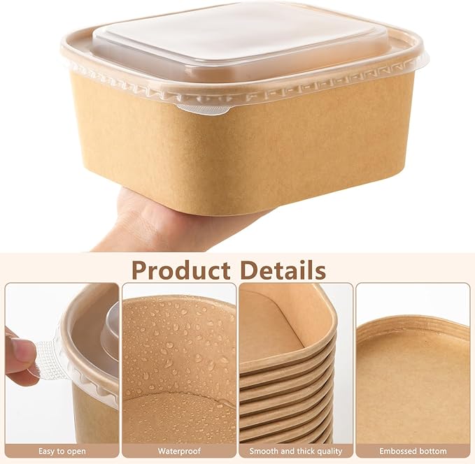 50 Sets 47oz Disposable Kraft Paper Bowls with Lids, Large Paper Food Containers with Lids, Salad Bowls for Hot/Cold Food, Fruit, Meal Prep, Takeout, Party Supplies(Square, 1400ml)