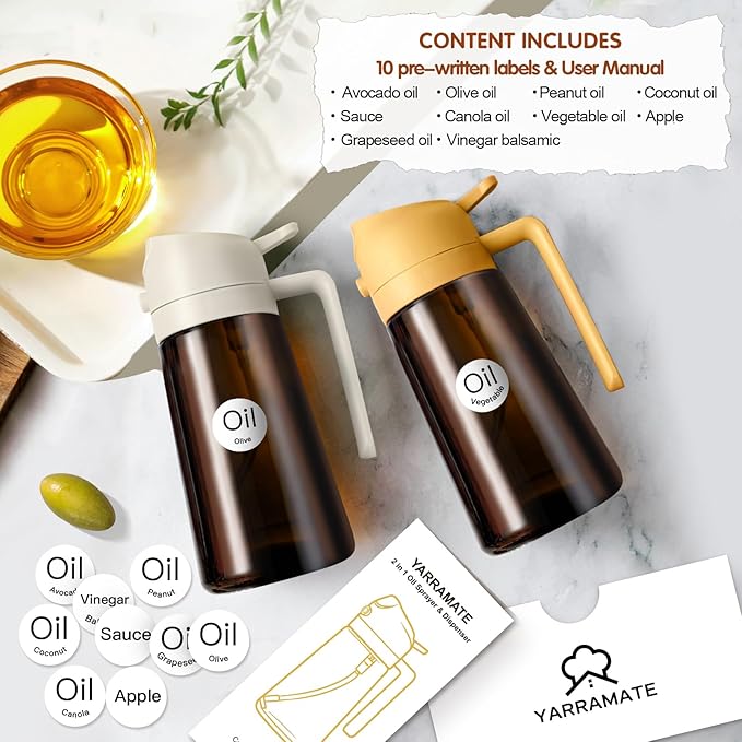 YARRAMATE 2PCS 16oz/470ml Oil Sprayer for Cooking with Stickers, Food-Grade 2 in 1 Olive Oil Dispenser Bottle for Kitchen, Premium Dark AmberGlass Oil Bottle for Air Fryer, BBQ(White & Orange)